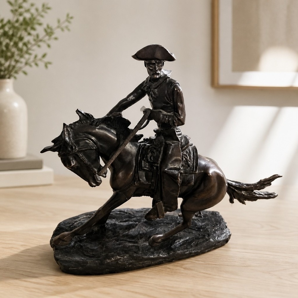 Vintage Bronze-Finished Western Cowboy on Galloping Horse Sculpture